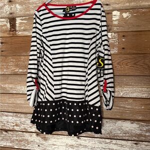Sportelle Black & White Striped Top with Red Trim